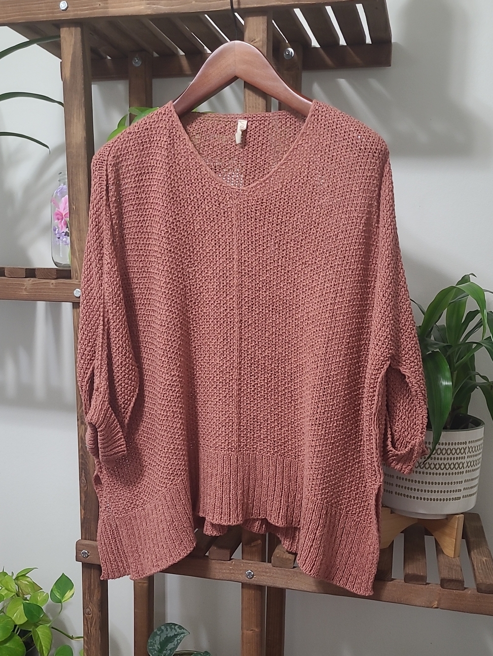 Beautiful Terracotta Open Knit Split Hem Oversized Sweater